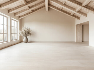 Spacious empty room with large windows, high ceilings with beans, natural lighting and beige tones