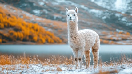 Alpaca Standing in a Snowy Field.