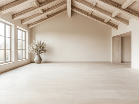 Spacious empty room with large windows, high ceilings with beans, natural lighting and beige tones