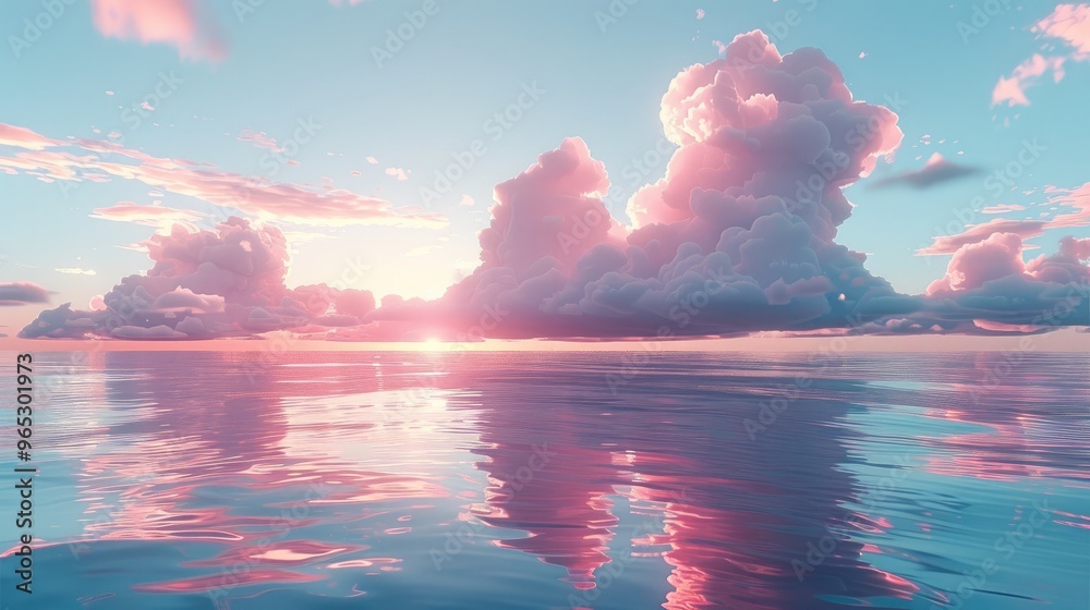 Poster soft pink and blue clouds floating above a tranquil sea at sunset, blending harmoniously with the wa