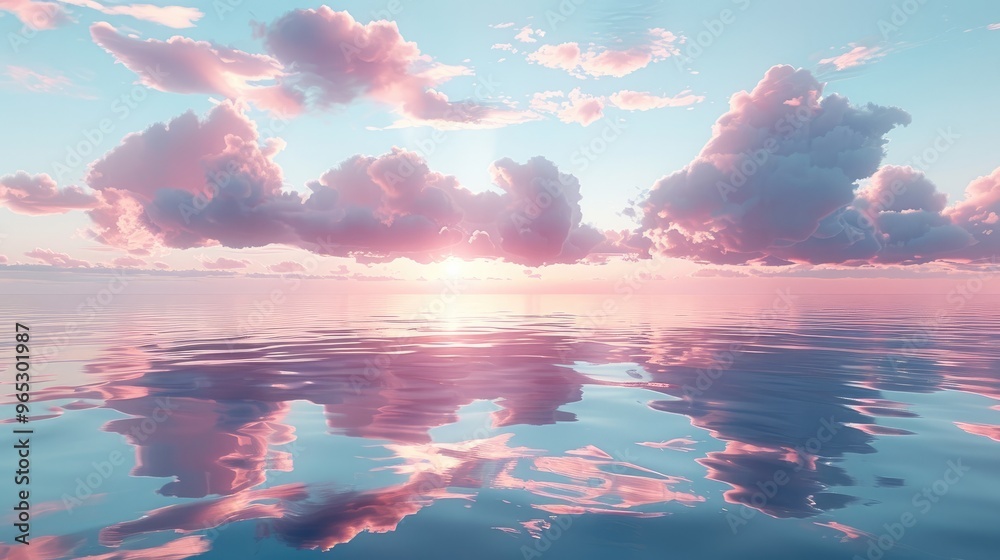 Poster soft pink and blue clouds floating above a tranquil sea at sunset, blending harmoniously with the wa