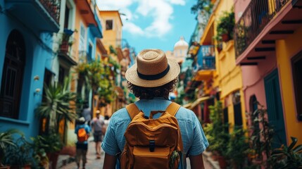 Backpacker Exploring Colorful Street in Tropical City