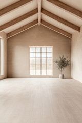 Obraz premium Spacious empty room with large windows, high ceilings with beans, natural lighting and beige tones