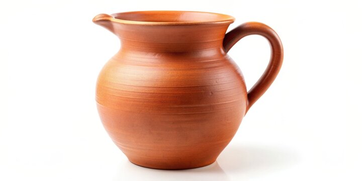 Terracotta pitcher or water cruche isolated on white background, decoration, clay, vessel, white background, earthenware, hydration, antique, object, handle, liquid, jug, cruche, pottery