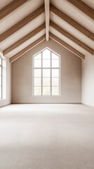 Fototapeta premium Spacious empty room with large windows, high ceilings with beans, natural lighting and beige tones