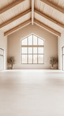 Obraz premium Spacious empty room with large windows, high ceilings with beans, natural lighting and beige tones