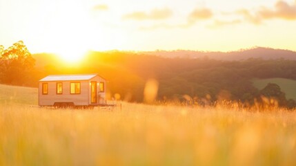 The tiny house sits peacefully on the grass as the warm sunlight bathes the scene in a golden glow at sunset