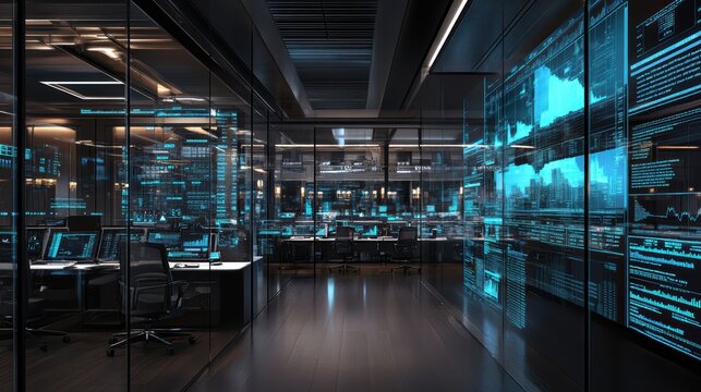 Modern Office Interior with Digital Data Displays. - Powered by Adobe
