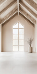 Fototapeta premium Spacious empty room with large windows, high ceilings with beans, natural lighting and beige tones