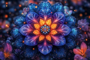 Blue and Orange Fractal Flower with Glowing Petals