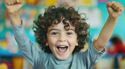 A school boy with curly hair enthusiastically raises his arms in celebration, showcasing his excitement in a lively classroom