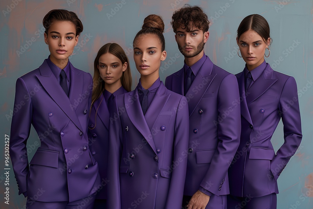 Canvas Prints High Fashion, 4 people in uniforms for male and female staff, both wearing elegant, rich purple uniform. The uniforms consist of fitted jackets with three-quarter length sleeves and trousers are wide.