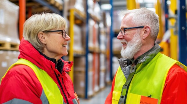 Two warehouse workers share a light-hearted moment together, chatting amiably amid pallets in a bustling environment