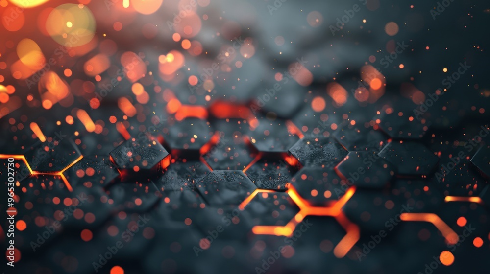 Poster a striking textured background featuring hexagonal patterns illuminated by glowing elements, evoking