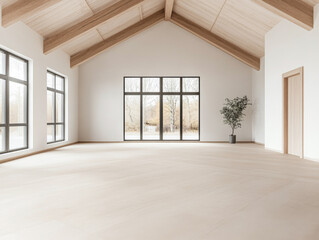 Obraz premium Spacious empty room with large windows, high ceilings with beans, natural lighting and beige tones