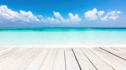 Fototapeta premium A peaceful wooden platform stretches out over the clear waters of a tropical beach, inviting relaxation under a sunny sky