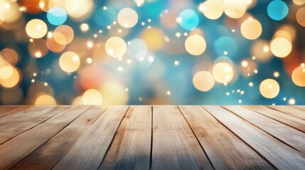 A beautiful wooden table stands in front of a soft bokeh lights background, perfectly enhancing the cozy ambiance for any event