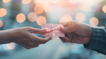 Two hands are in the act of exchanging a gift card while shopping in a busy retail environment