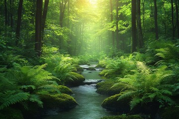 Obraz premium Sunlit Forest Stream with Ferns and Moss