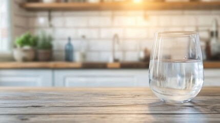 A clear glass filled with fresh drinking water rests on a wooden table in a sunny kitchen, highlighting a refreshing moment © tashechka