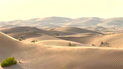 Under warm glow of dusk, desert dunes stretch endlessly into horizon. Evening sky paints landscape with soft colors, while sand ripples catch last light, reflecting peacefulness of desert evening.