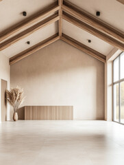 Fototapeta premium Spacious empty room with large windows, high ceilings with beans, natural lighting and beige tones