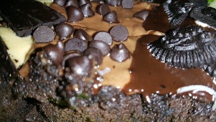 Very delicious chocolate cake close up shot.