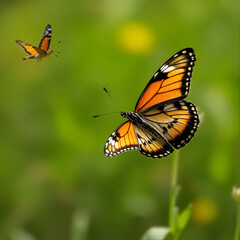 Naklejka premium flying plain tiger butterflies in green garden background