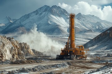 Fototapeta premium Mining Drill in Snowy Mountain Landscape