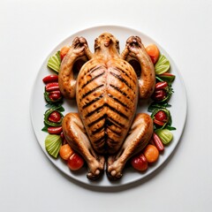 Grilled whole chicken with garnish on white plate..