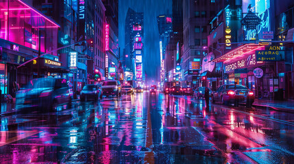  A blurred road leading to an unknown future or distant Abstract cityscape background with neon lights and skyscrapers on the street, in the cyberpunk style