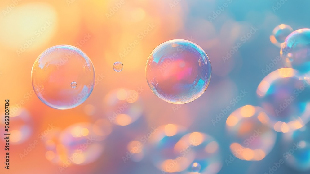 Poster Floating soap bubbles with colorful bokeh background. Abstract light and color concept