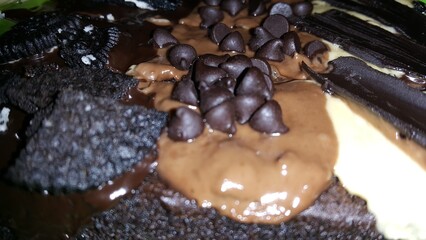 Very delicious chocolate cake close up shot.
