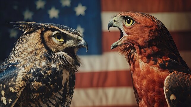 Confrontation of Colors: An Aggressive Red Falcon vs. a Wise Blue Owl – Perfect for a Sports-Themed Poster Capturing Tension Against the Bold American Flag!