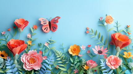 A delightful papercraft scene featuring vibrant flowers and a butterfly against a pastel blue background. The meticulous paper artistry showcases a beautiful and whimsical garden, generative ai