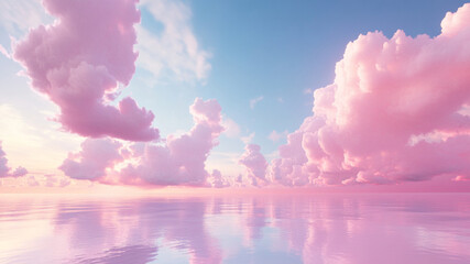 Soft pink magenta 3d clouds are present on the floor, sky, and landscape in a gentle color scheme with bright lights.