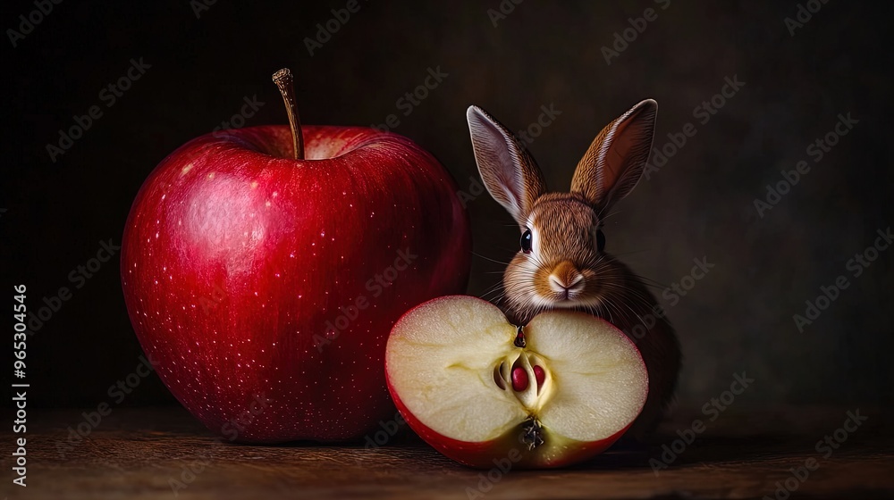 Wall mural vibrant red apple with juicy interior and curious rabbit: perfect for eye-catching sports interior p