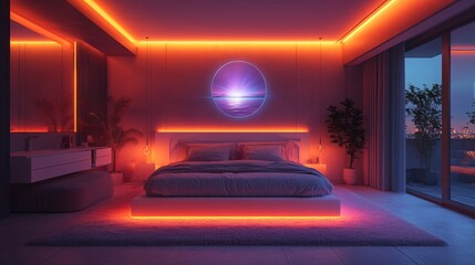 Modern bedroom featuring a holographic meditation guide with ambient lighting at dusk