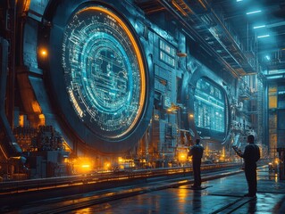 Futuristic Industrial Interior with Holographic Displays and Workers