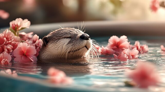 An otter enjoying a luxurious spa experience with exotic flowers and relaxing warm water.