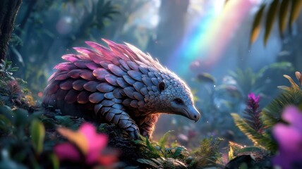 Obraz premium A pangolin with shimmering wings soaring through a vibrant rainbow in a lush, magical forest.