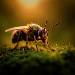 Ilustracja makro przedstawiająca owada siedzącego na trawie o zachodzie słońca. 