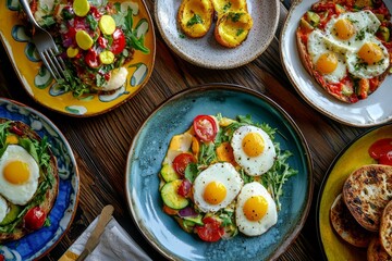 A farm-to-table restaurant’s brunch menu with farm-fresh eggs and vegetables. The dishes are artistically arranged on plates, Generative AI
