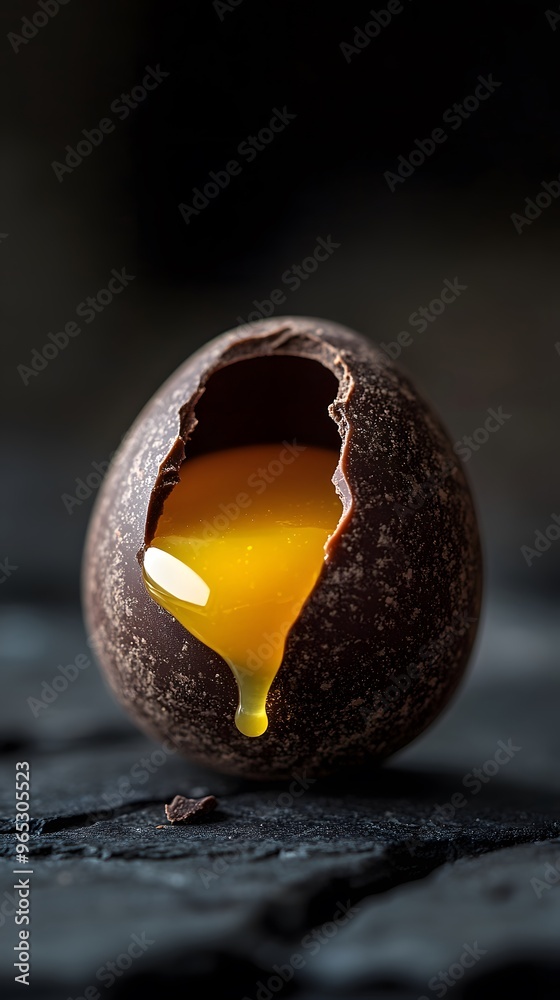 Wall mural mini chocolate egg with a dark yellow jelly flowing centre oozing out