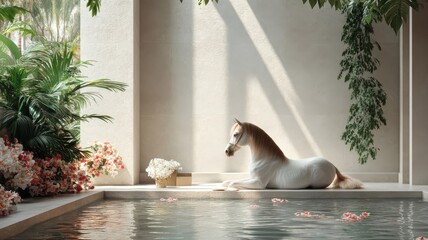 A horse relaxing in a luxurious spa with exotic flowers and plush amenities, enjoying ultimate comfort and indulgence.