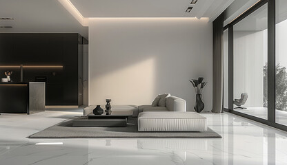 Minimalist style living room with a timeless black and white color scheme. main ceiling light design throughout the entire house. Generative AI.