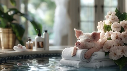 A pig relaxing in a luxurious spa with exotic flowers and plush amenities, epitomizing ultimate comfort and relaxation.