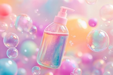 Pink Soap Bottle With Rainbow Bubbles.