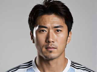 Obraz premium Portrait of an angry asian football player on grey background.