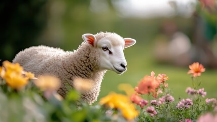 Obraz premium A sheep exploring a beautifully landscaped luxury garden with vibrant flowers and elegant décor, enjoying a picturesque space.
